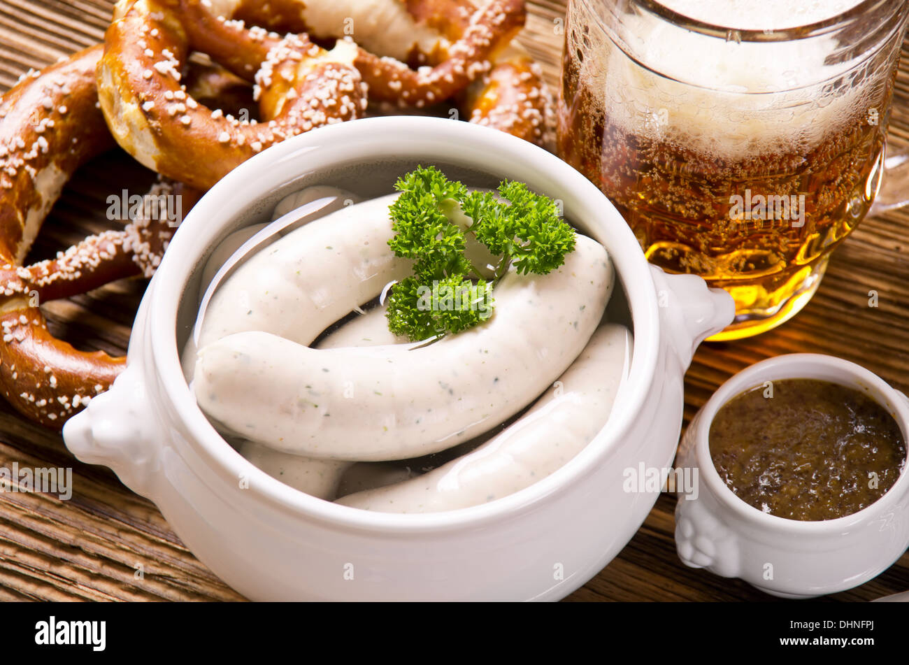 bavarian breakfast with weisswurst Stock Photo