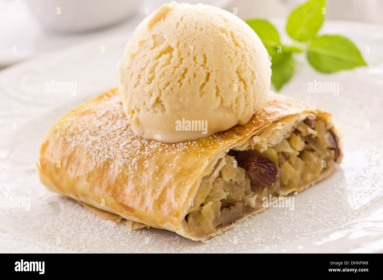 apple strudel with vanilla ice cream Stock Photo