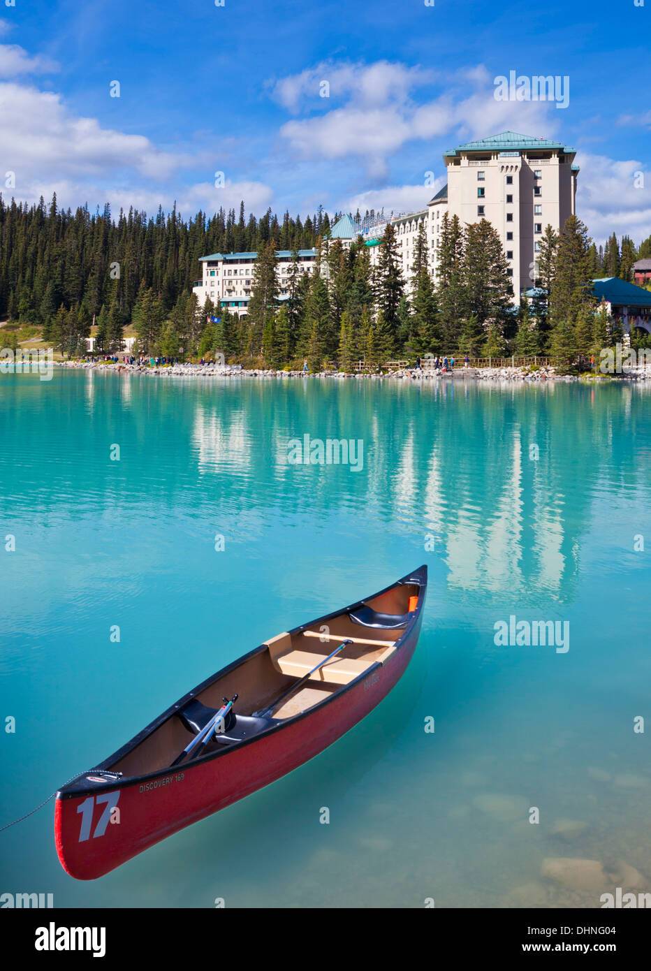 Red canoe for hire on Lake Louise in front of Fairmont Chateau Lake Stock Photo 62553796 Alamy