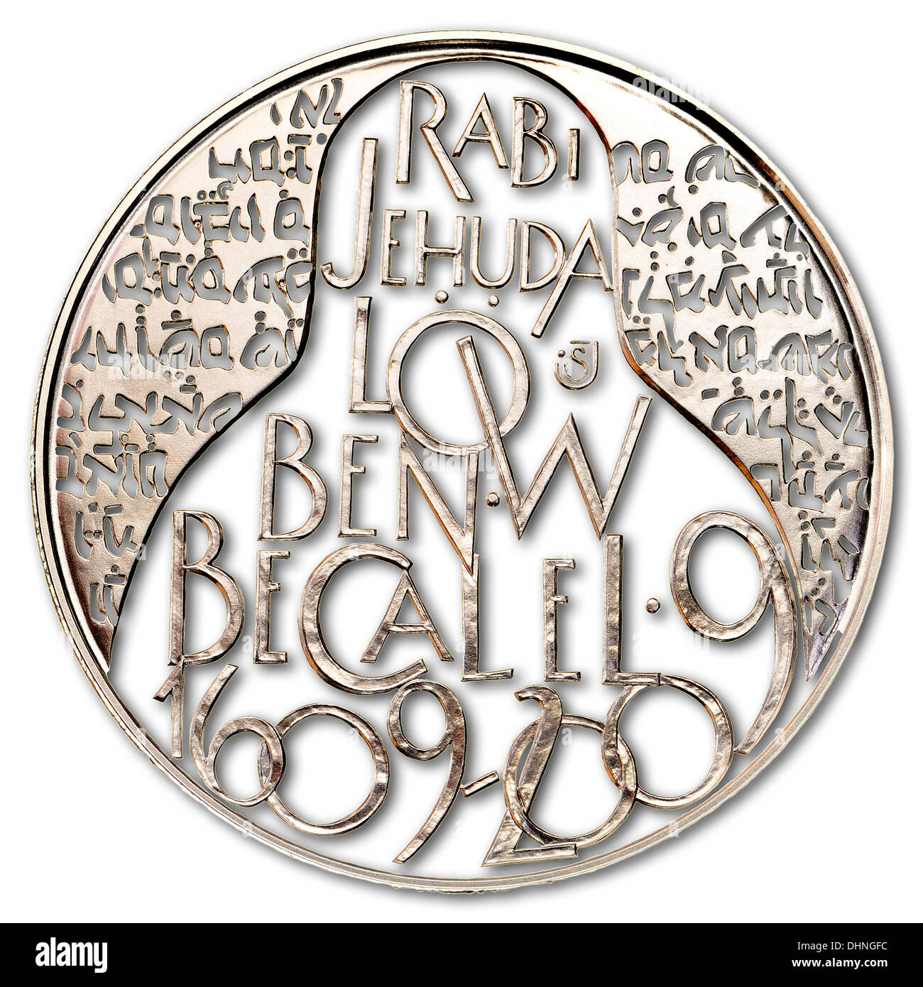 200Kc Silver commemorative coin (cutout details) from the Czech Republic. 400th anniversary of the death of scholar Rabbi Jehuda Löw ben Becalel Stock Photo