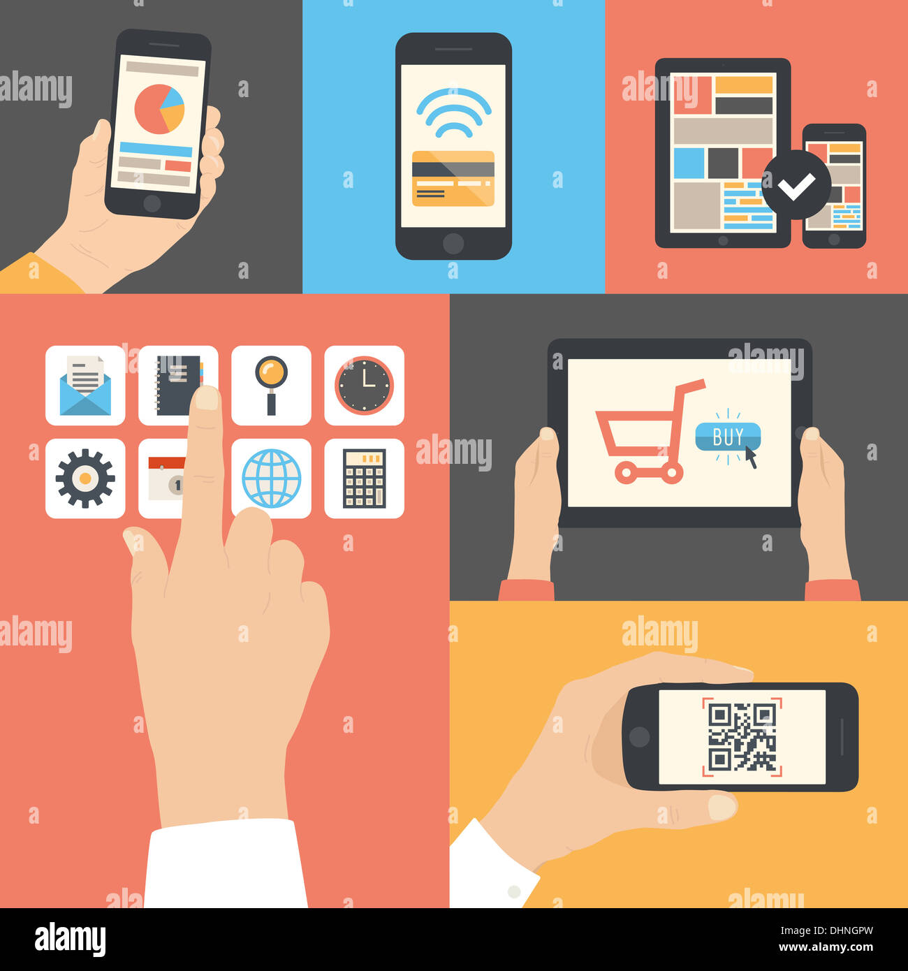 Flat illustration set of touch screen interface, mobile phone scanning qr-code, on-line purchase and e-commerce usage Stock Photo