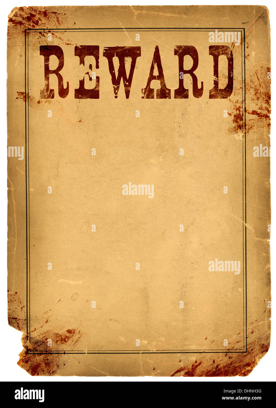 Bloody stained old western reward poster made from real antique 1800s paper Stock Photo