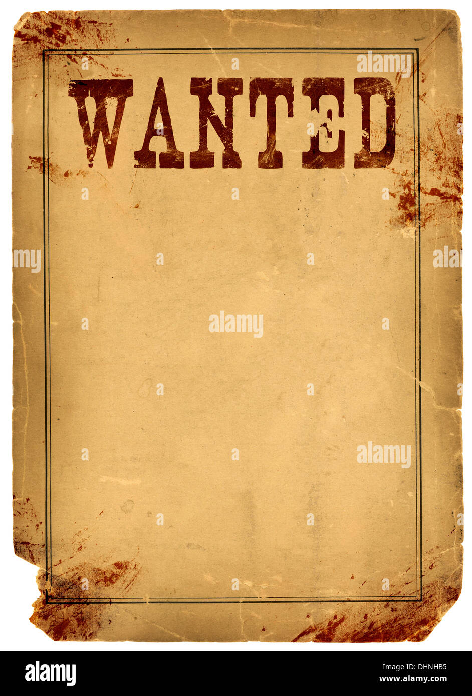 Bloody stained old western wanted poster made from real antique 1800s paper Stock Photo