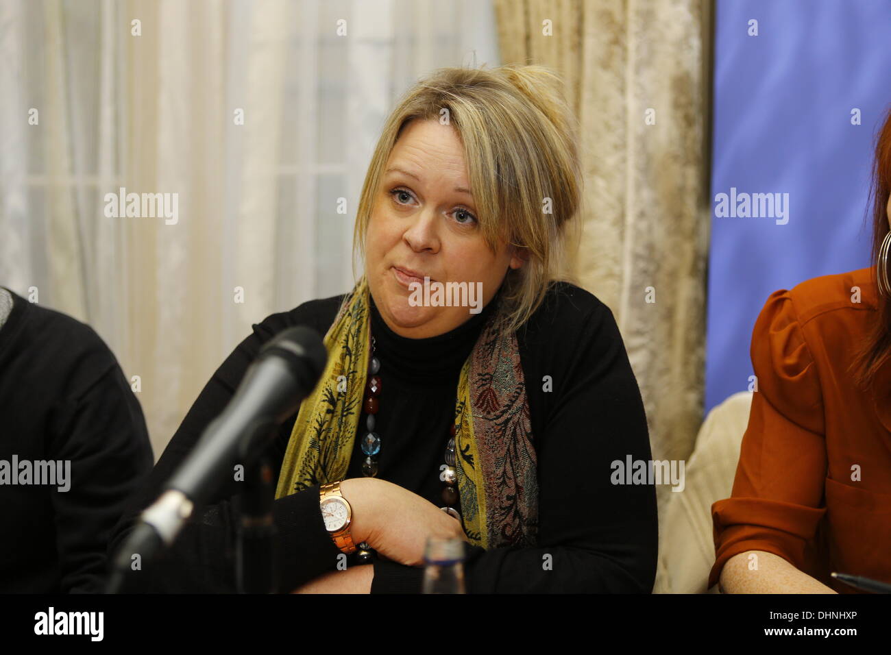 Dublin, Ireland. 13th November 2013. Ruth Bowie from the TFMR (Termination for Medical Reasons) campaign, who had an abortion due to a fatal fetal abnormality, is pictured at the press conference. The Center of Reproductive Rights brought a case against Ireland to the UN Human Rights Committee on behalf of Amanda Mellet. She had to travel to the UK for an abortion after she had been diagnosed with fatal fetal abnormality during her pregnancy. Abortions for fatal fetal abnormalities are illegal in Ireland. Credit:  Michael Debets/Alamy Live News Stock Photo