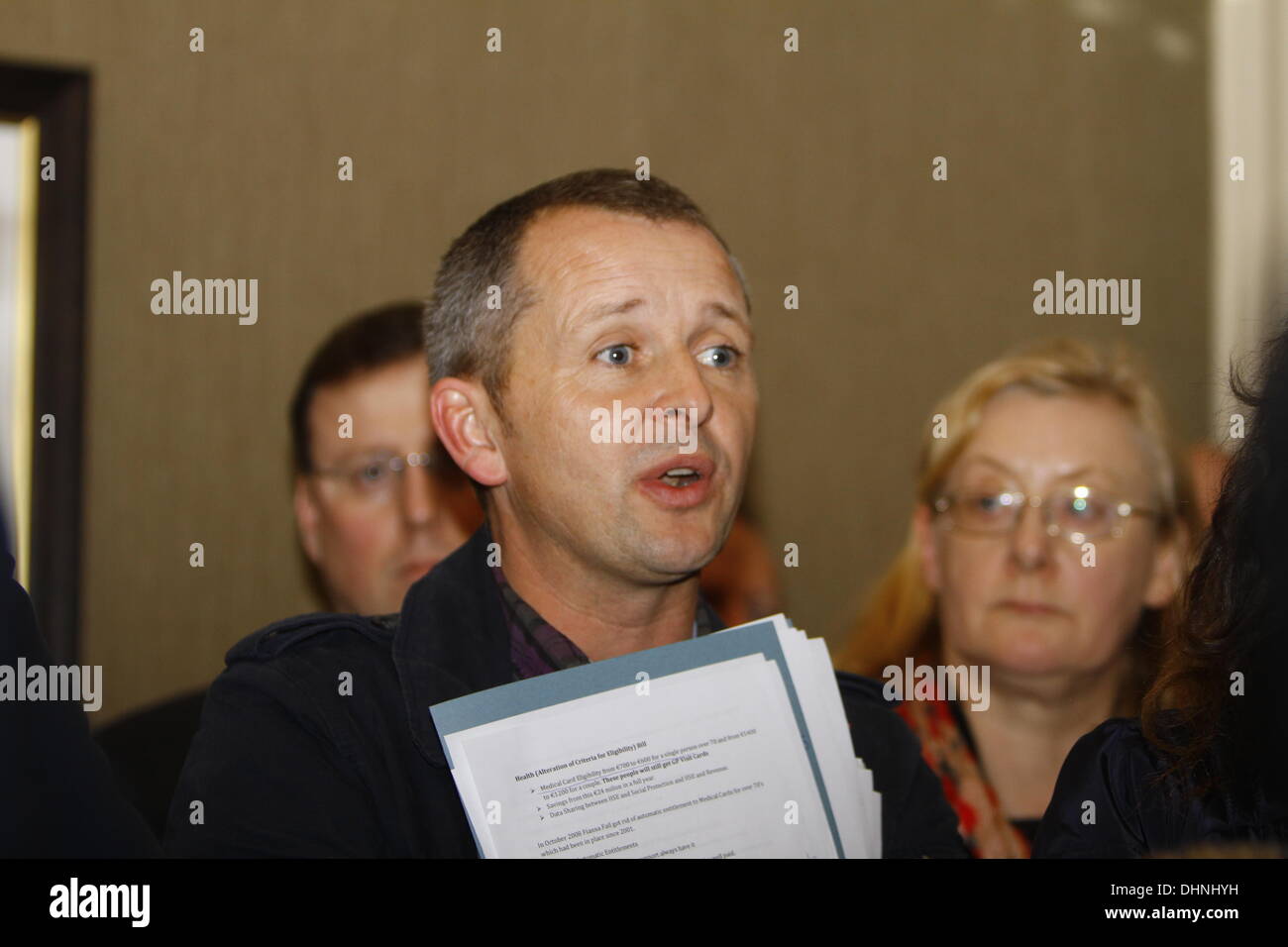 Dublin, Ireland. 13th November 2013. United Left Alliance TD (member of the Irish Parliament) Richard Boyd Barrett supports the Human Rights complaint at the press conference. The Center of Reproductive Rights brought a case against Ireland to the UN Human Rights Committee on behalf of Amanda Mellet. She had to travel to the UK for an abortion after she had been diagnosed with fatal fetal abnormality during her pregnancy. Abortions for fatal fetal abnormalities are illegal in Ireland. Credit:  Michael Debets/Alamy Live News Stock Photo