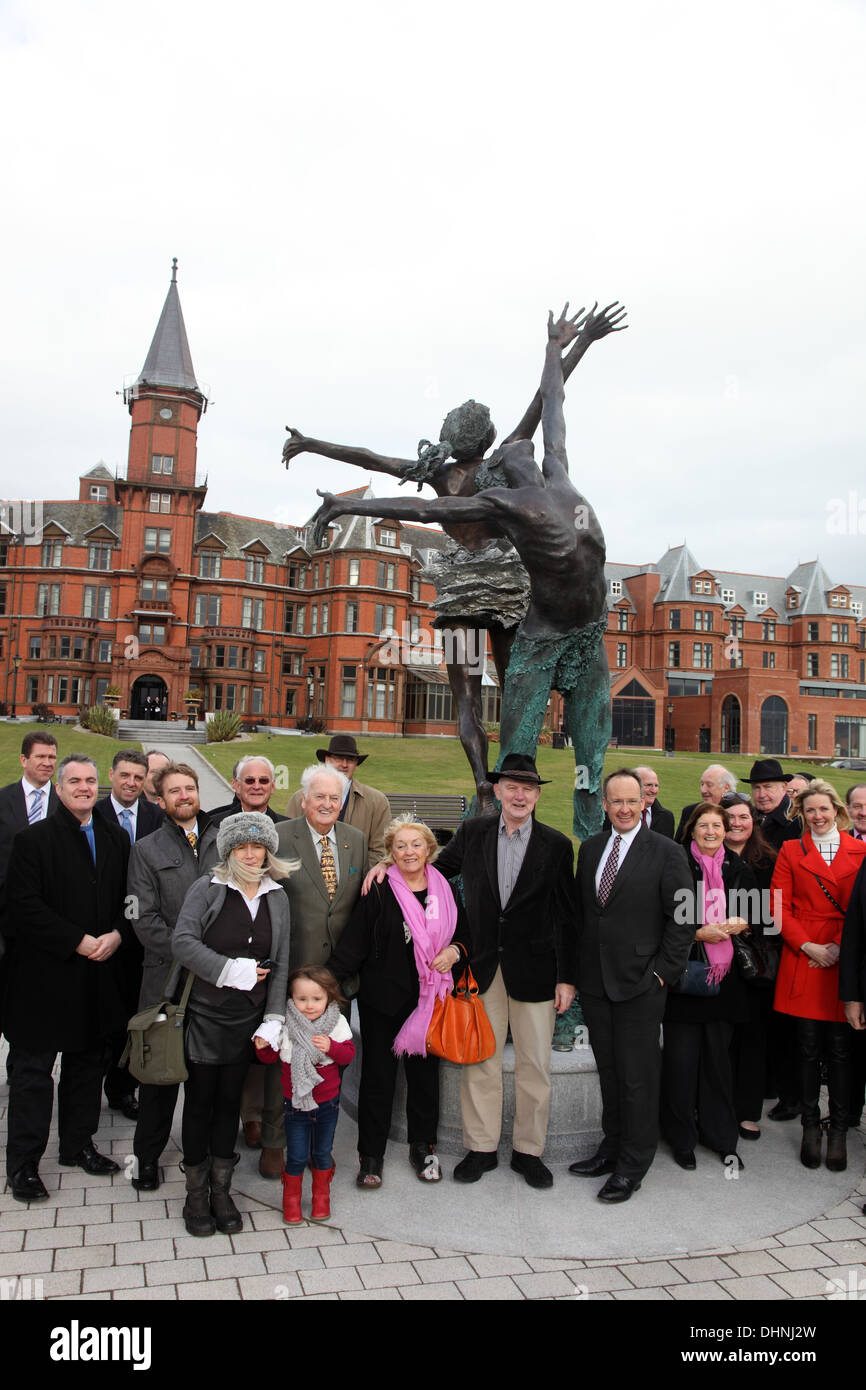 Paddy Campbell unveiling new sculpture at Slieve Donard Resort & Spa, Newcastle, Co. Down, Northern Ireland Stock Photo