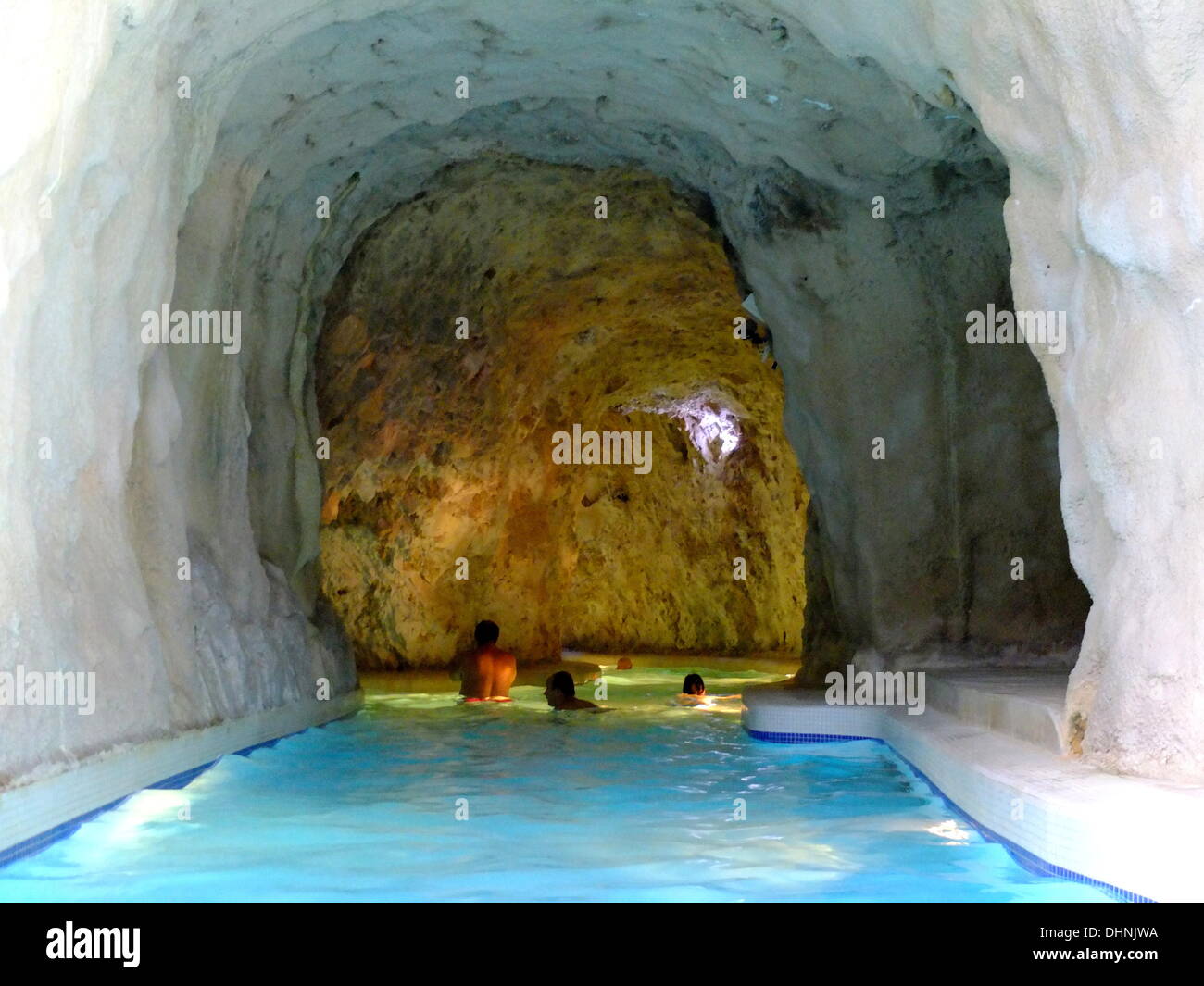 Miskolc , Hungary 10th, November 2013 Miskolc Topolca cave baths with hot termal water, made in natural caves. People walk and swim in kind of canals made in the caves and enjoy hot therapeutic water. Stock Photo