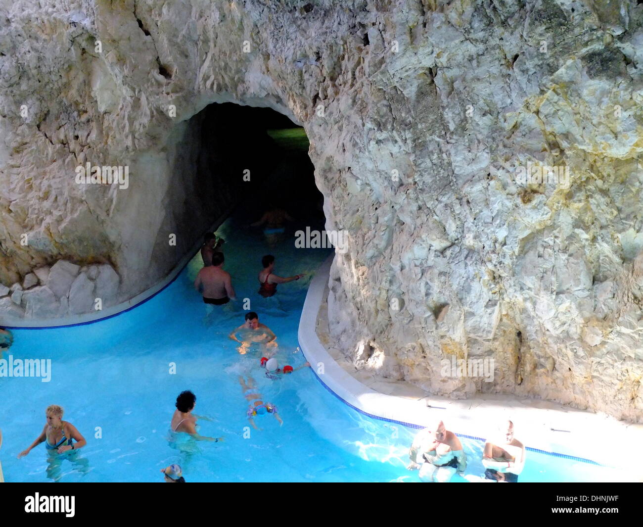 Miskolc , Hungary 10th, November 2013 Miskolc Topolca cave baths with hot termal water, made in natural caves. People walk and swim in kind of canals made in the caves and enjoy hot therapeutic water. Stock Photo