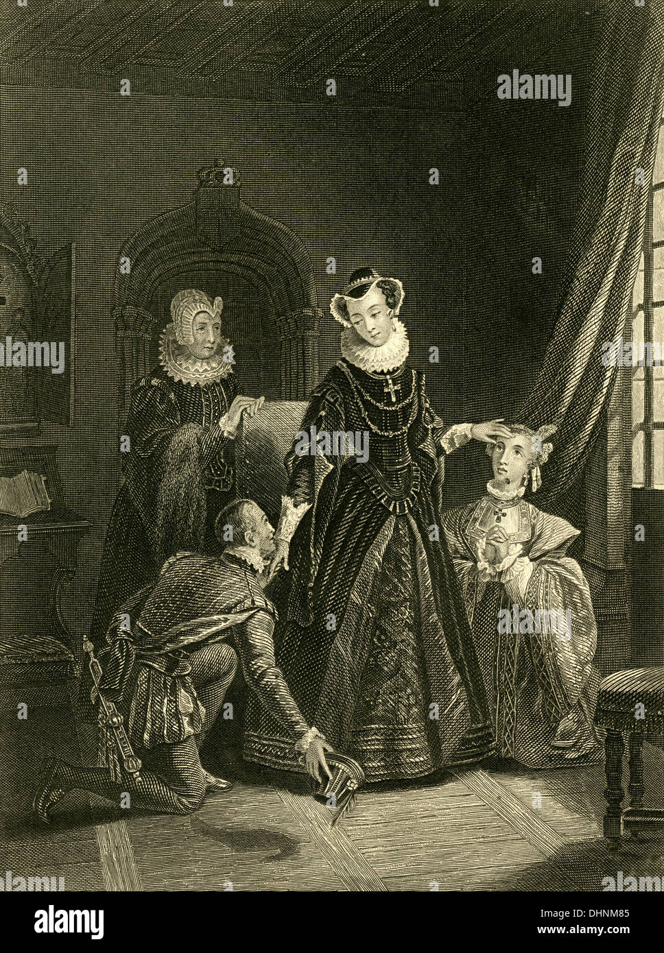 Circa 1880s steel engraving, Mary Queen of Scots at Loch Leven Castle. Stock Photo