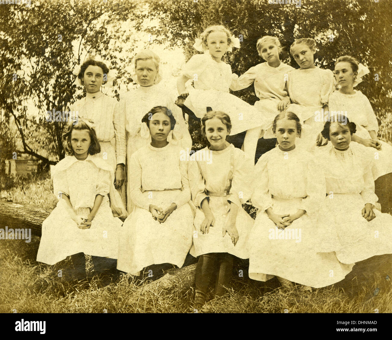Antique photograph, circa 1890, group of girls in a Sunday School class at Raytown Baptist Church in Raytown, Missouri, USA. Stock Photo