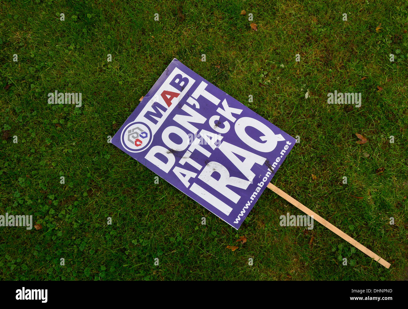 Anti war 'Don't attack Iraq' placard from 2003 protest march in London, UK. Stock Photo