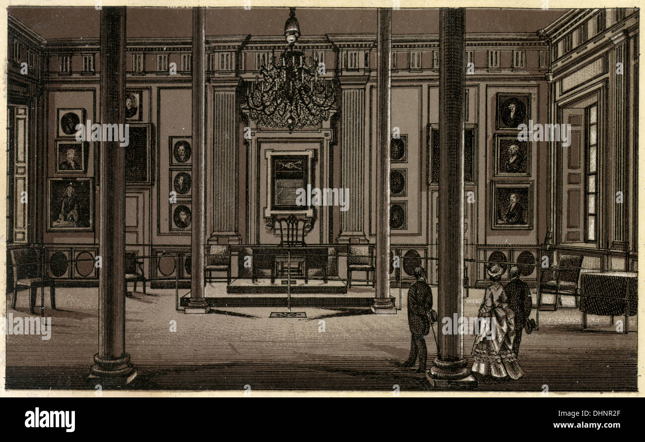 Engraving of Independence Chamber from a souvenir album of the 1876 Centennial Exposition in Philadelphia. Printed using the Glaser/Frey lithographic process. Stock Photo