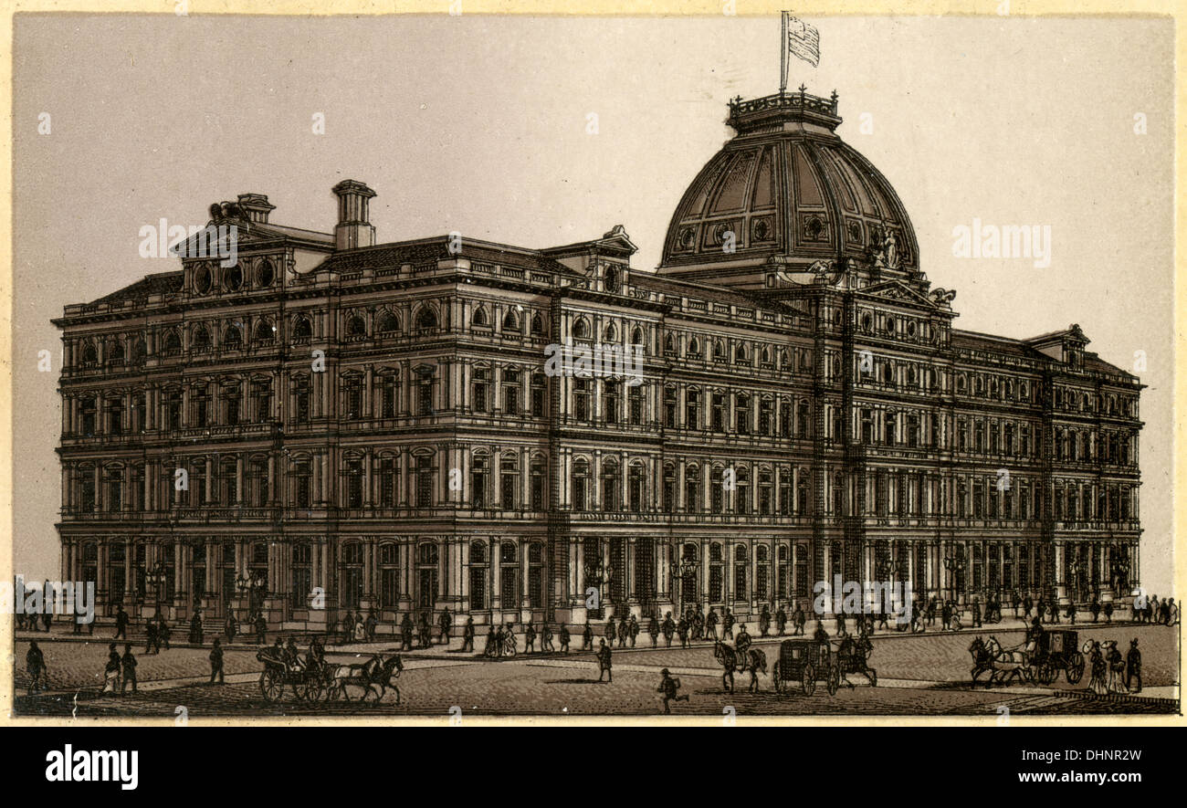 Engraving of the New Post Office from a souvenir album of the 1876 Centennial Exposition in Philadelphia. Printed using the Glaser/Frey lithographic process. Stock Photo