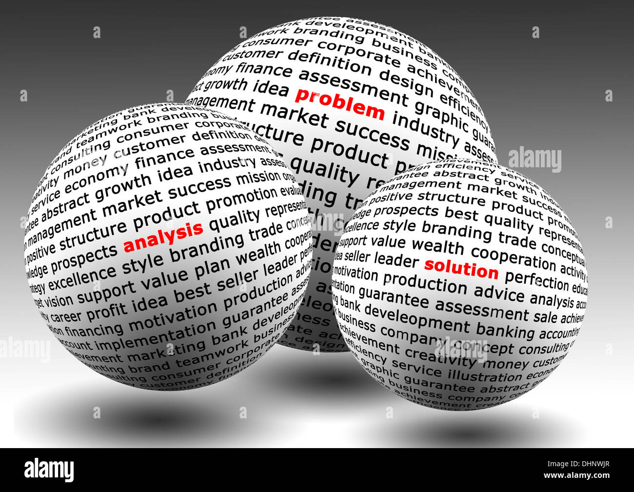 word balls for problem, analysis, solution Stock Photo