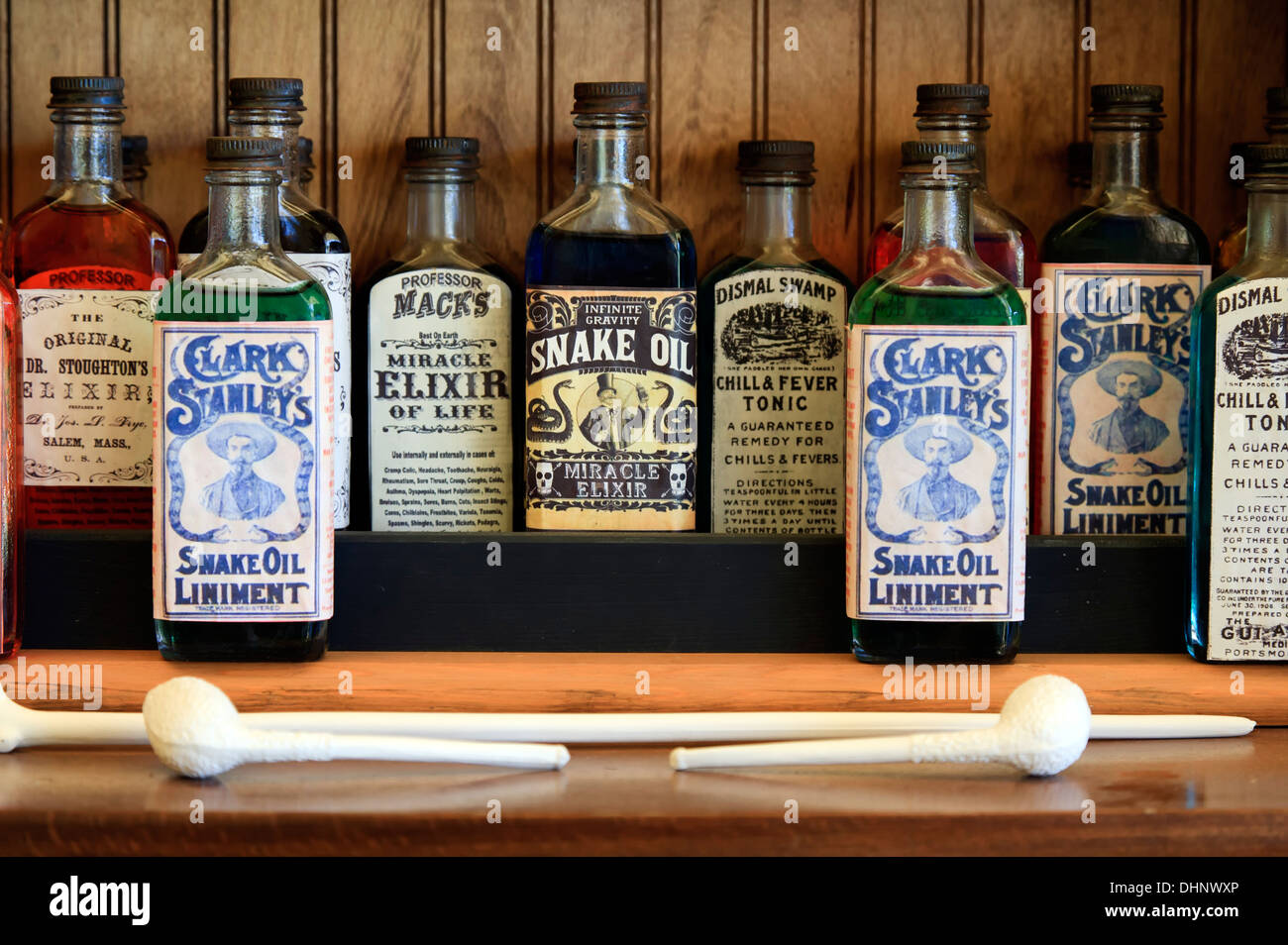 Elixirs display, Doc's Mercantile, Fort Stanton Live!, Fort Stanton, New Mexico USA Stock Photo