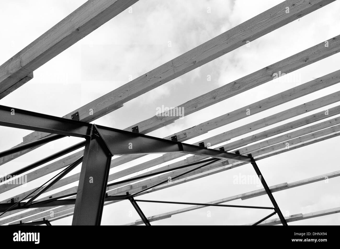 Roofing timber and steel black and white Stock Photo