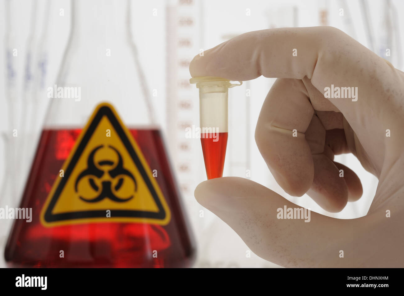 chemistry lab with glasses and red fluid Stock Photo