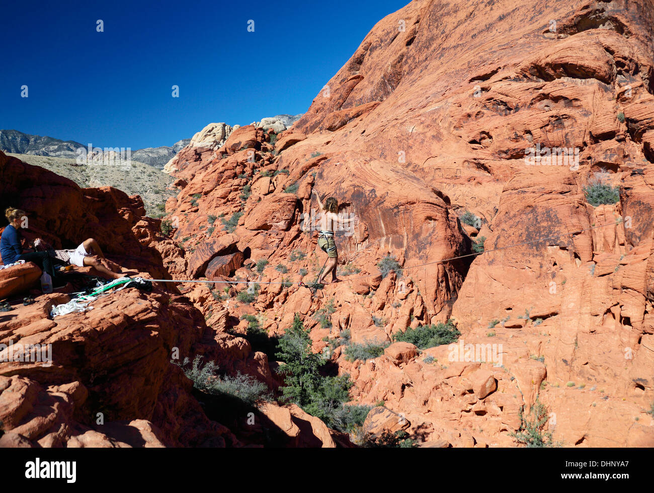 Young man on highline at Red Rock Canyon National Conservation Area near Las Vegas Stock Photo