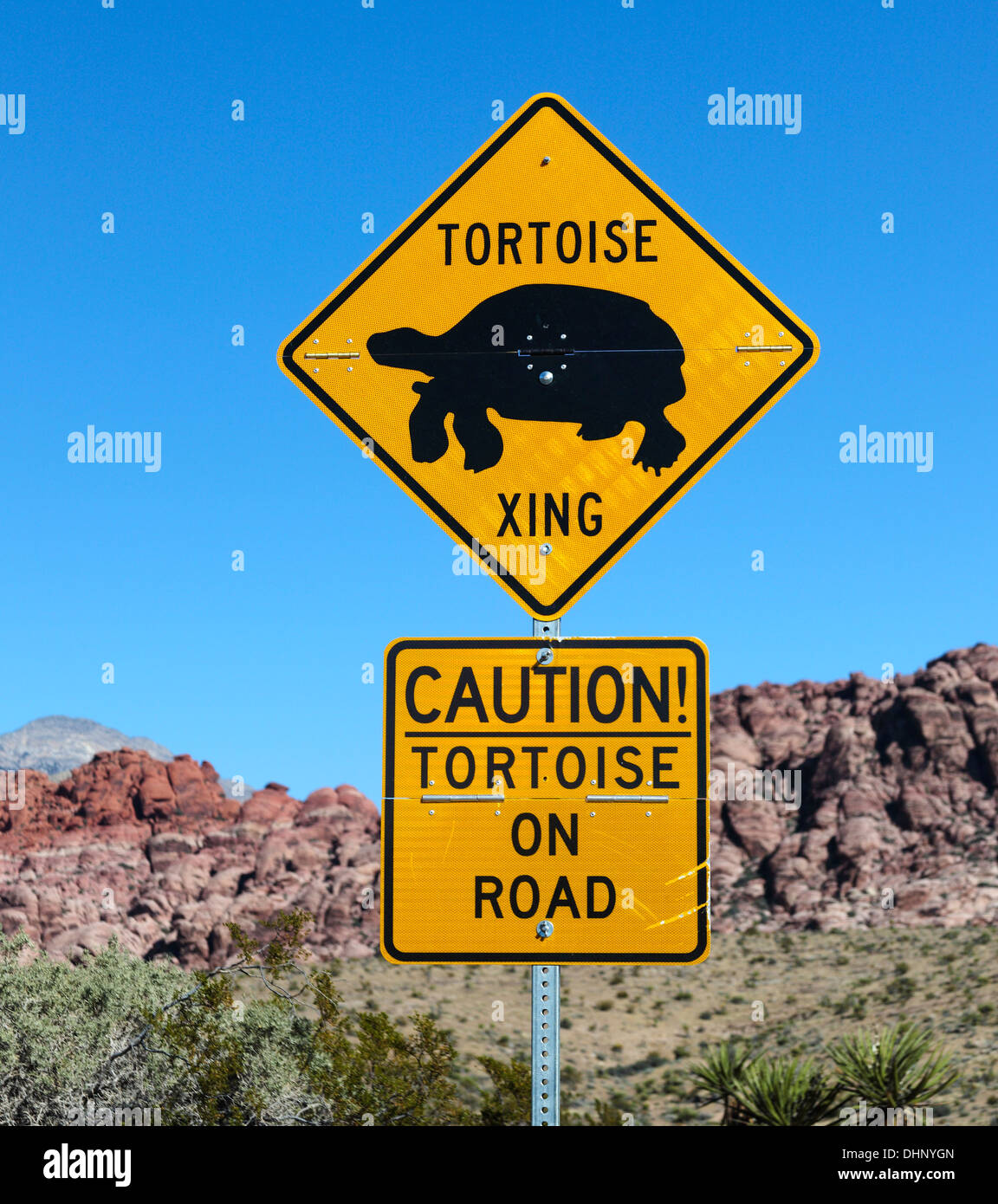 Tortoise crossing sign along the 13-mile scenic drive at Red Rock Canyon National Conservation Area close to Las Vegas Stock Photo