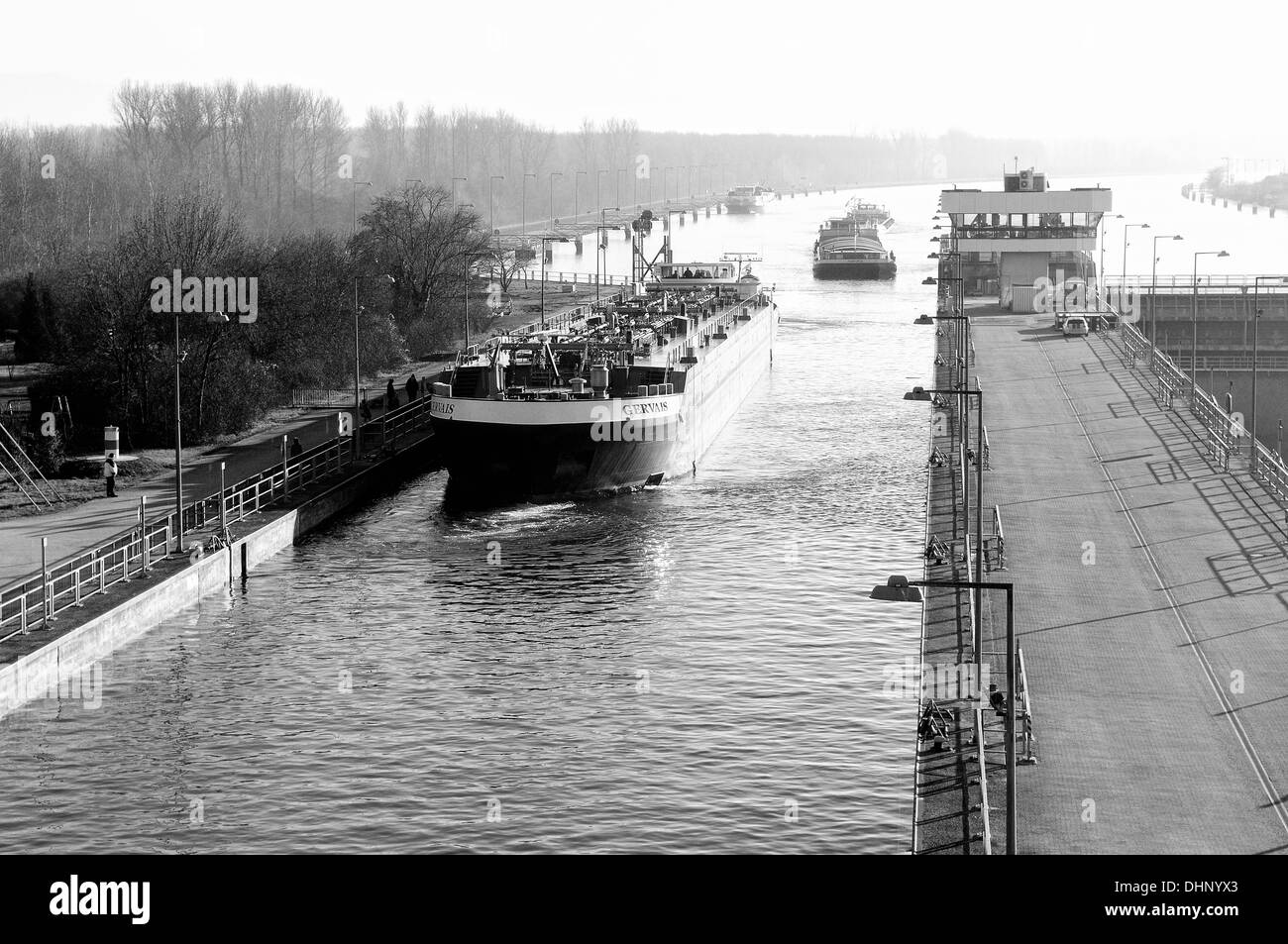 Rhine lock Iffezheim Germany black and white Stock Photo
