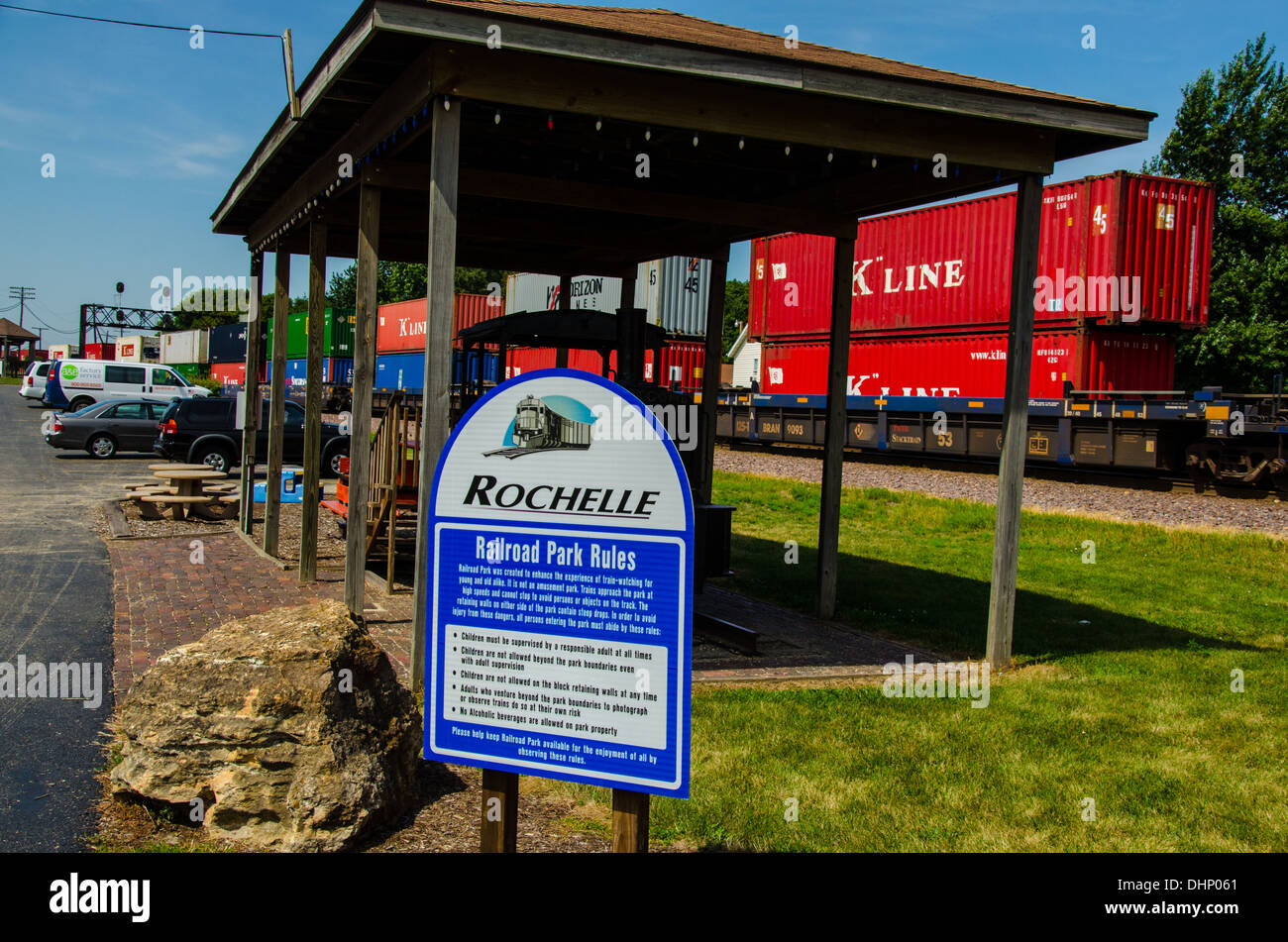 The Rochelle Railroad Park in Rochelle, Illinois, a town along the Lincoln Highway, Stock Photo