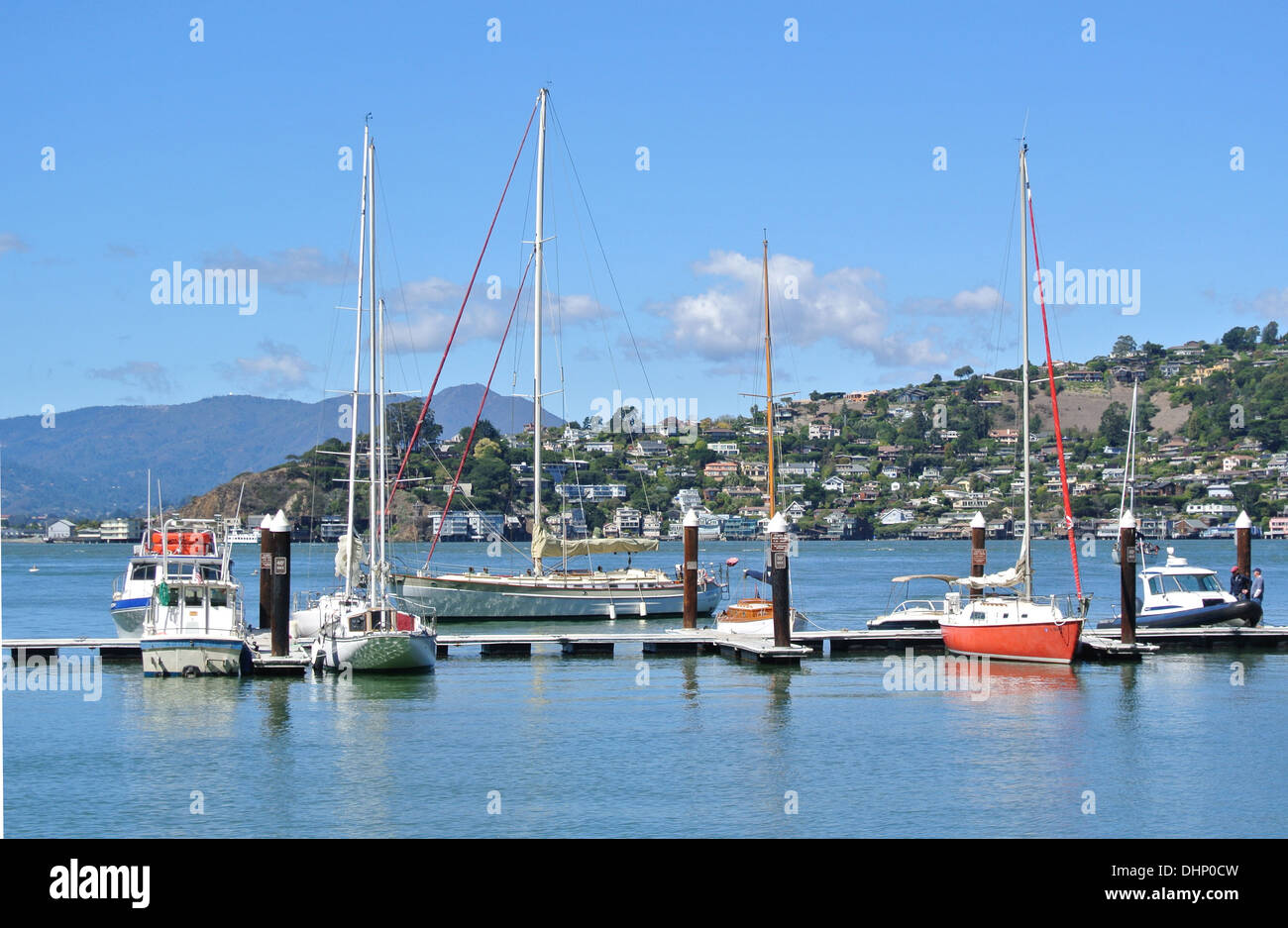 view of harbor on angel island and the city of Tiburon in Marin County California Stock Photo