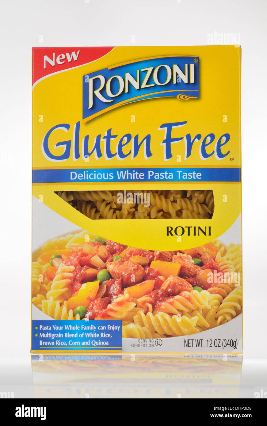 Unopened Box of Ronzoni Gluten Free pasta rotini on white background cutout. USA Stock Photo