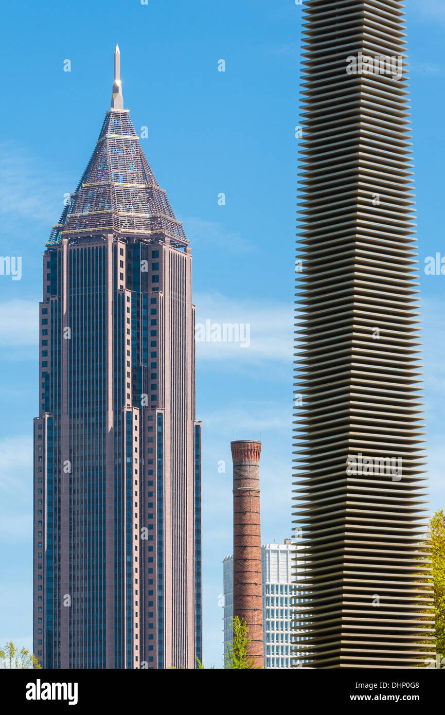 View of Atlanta monoliths from the Georgia Tech campus (L to R: Bank of America Plaza, brick smokestack, and Kessler Campanile). Stock Photo