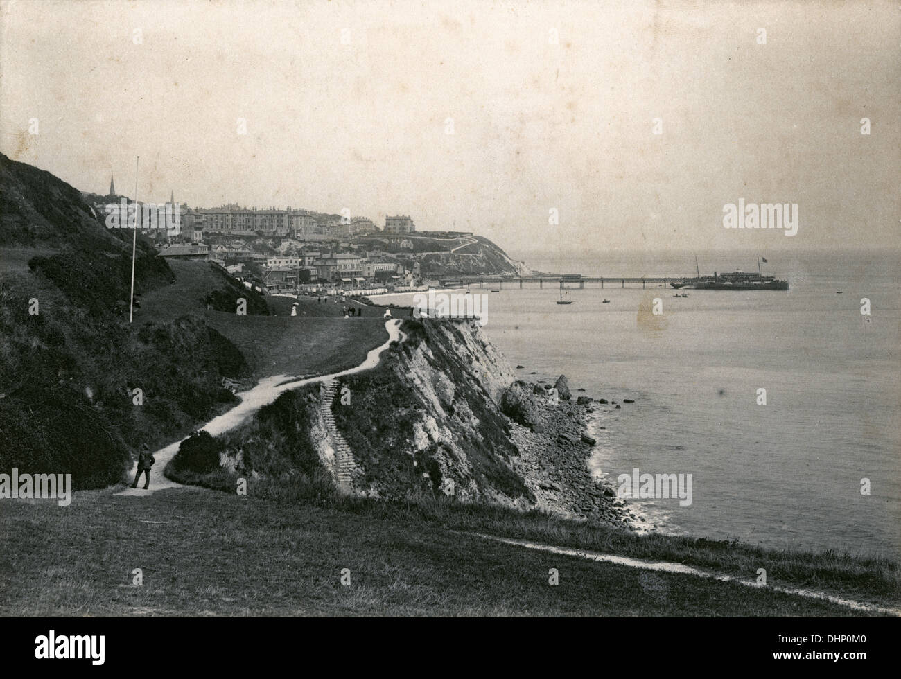 Antique photograph, circa 1890, footpath on the cliffs looking at Ventnor, Isle of Wight, England. Stock Photo