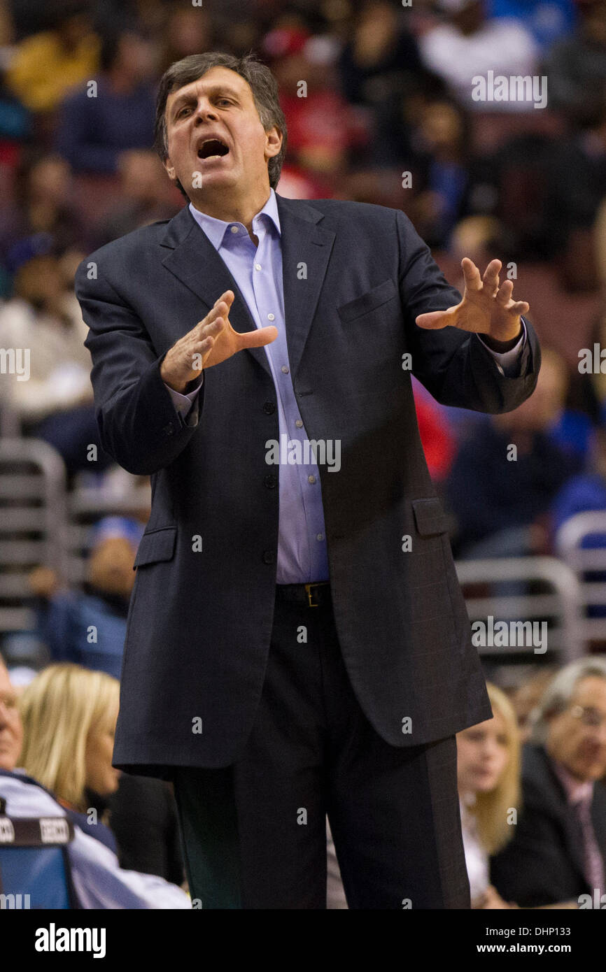 November 13, 2013: Houston Rockets head coach Kevin McHale reacts on the sidelines during the NBA game between the Houston Rockets and the Philadelphia 76ers at the Wells Fargo Center in Philadelphia, Pennsylvania. The 76ers win 123-117 in overtime. (Christopher Szagola/Cal Sport Media) Stock Photo