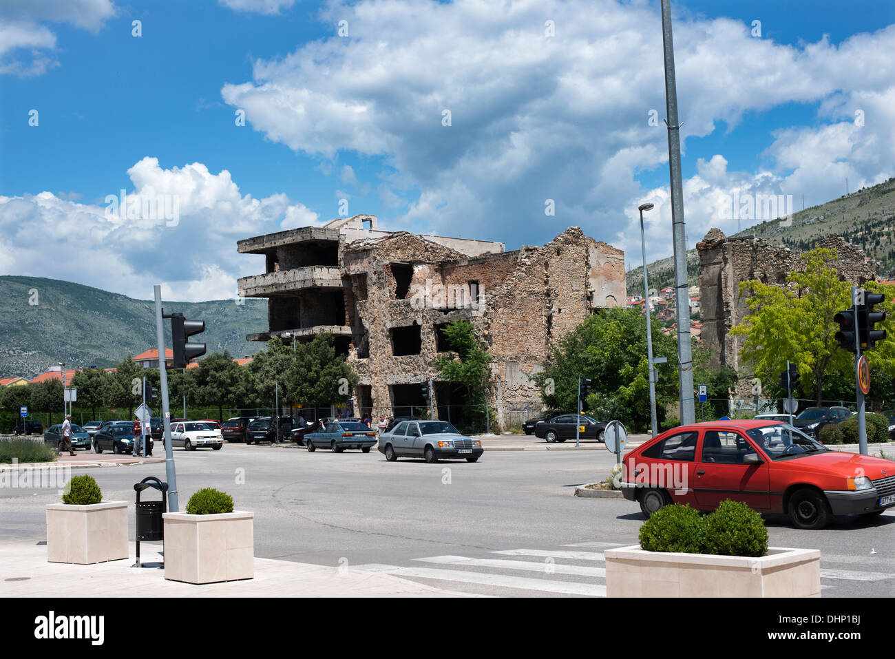 Ruined buildings can be seen everywhere in the town of Mostar. A vivid scar of the 1990s Balkan war between Croats and Bosnians. Stock Photo