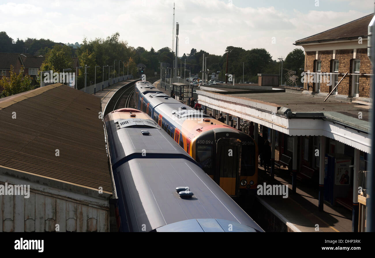 Two trains meet at Farnham train station, Surrey, England, United