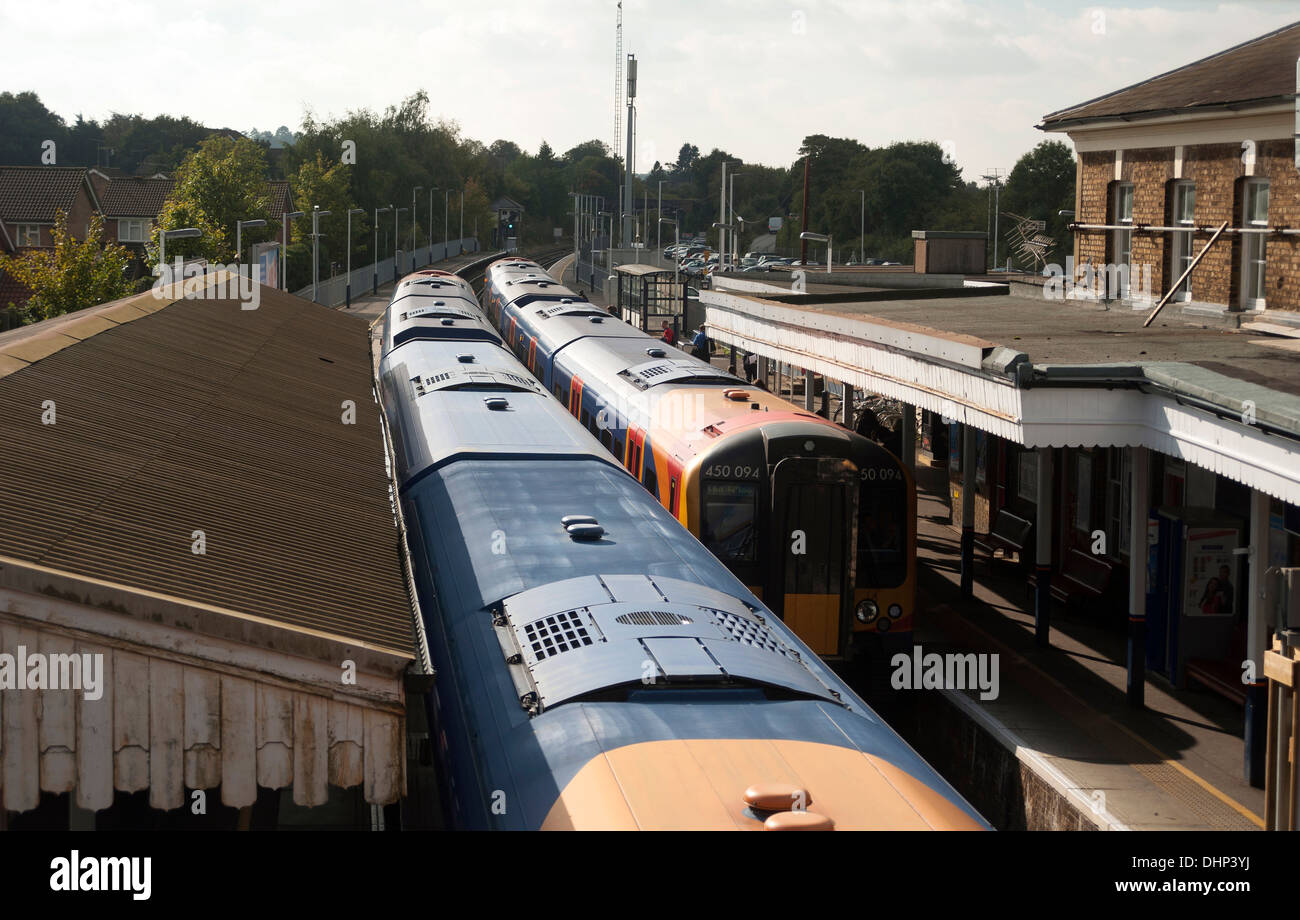 Two trains meet at Farnham train station, Surrey, England, United ...