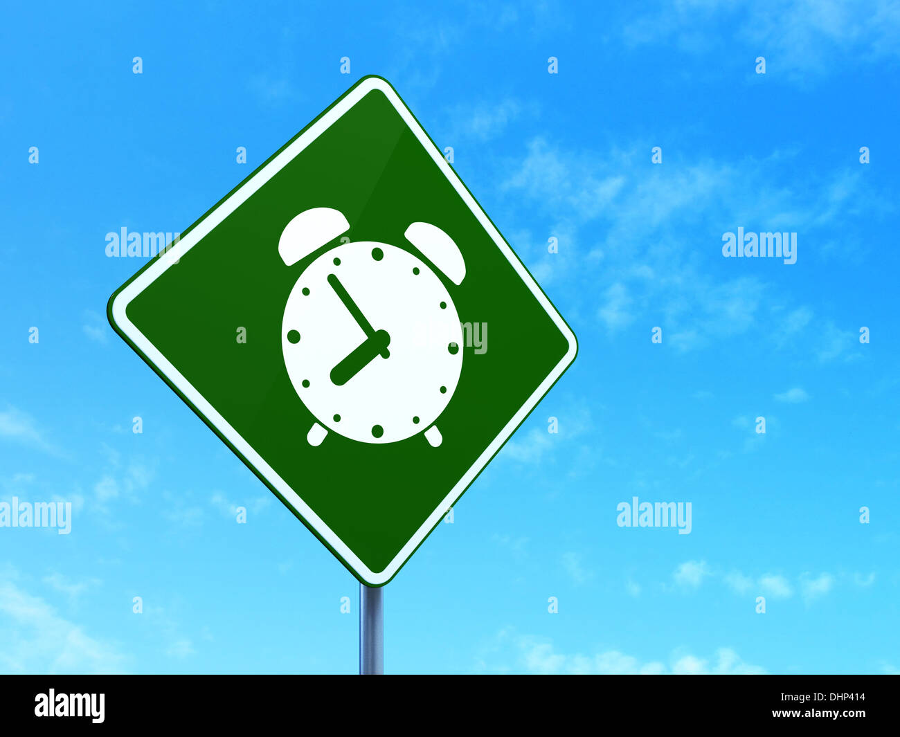 Timeline concept: Alarm Clock on green road (highway) sign, clear blue ...