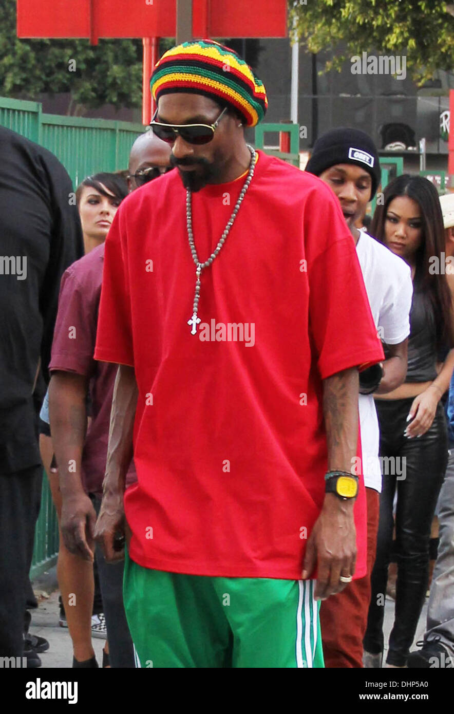 Snoop Dogg arrives on set of his latest music video in downtown Los  Angeles. The Gin and Juice hitmaker wore a Rastafari style Adidas tracksuit  and was seen behind the wheel of