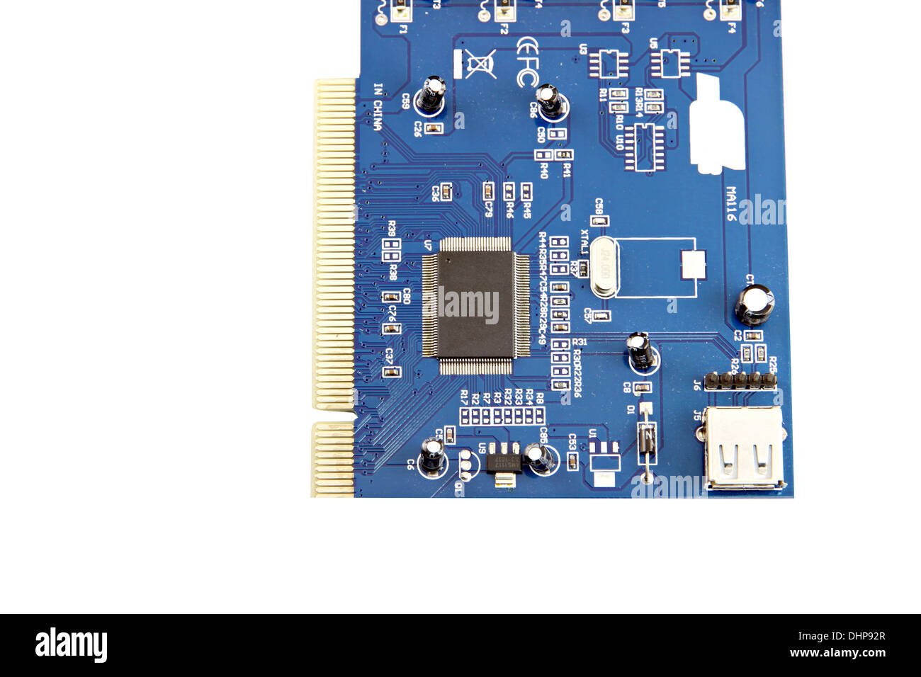 Closeup the Picture Blue USB Card Computer equipment circuit board. Stock Photo