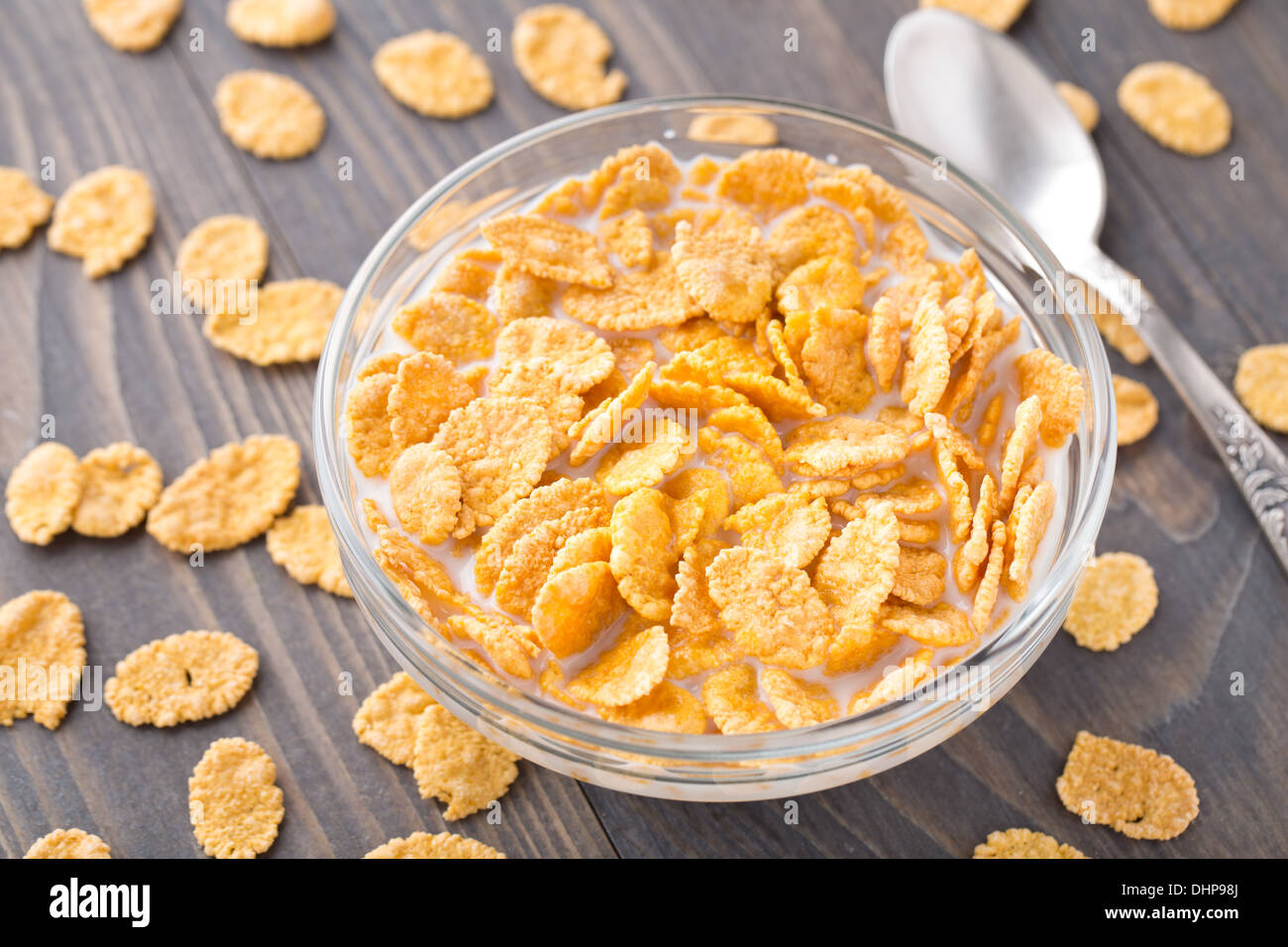 Sugar coated corn flakes with milk Stock Photo Alamy