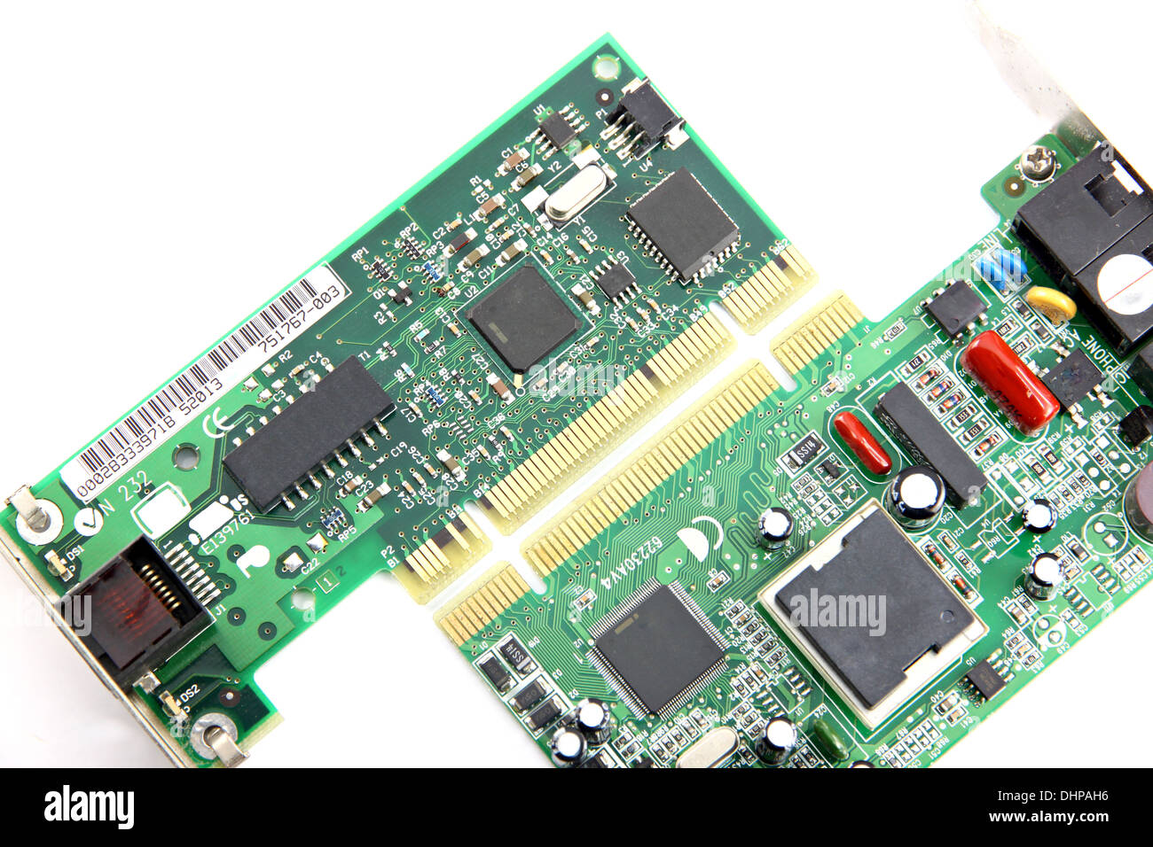 The modem Connection Computer equipment circuit board on white background Stock Photo
