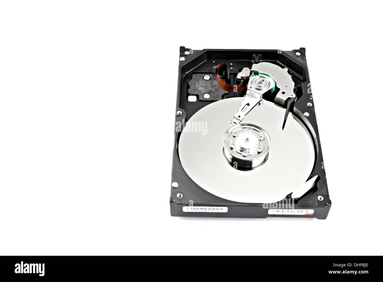 Open to see inside Hard drive to store data on white background. Stock Photo