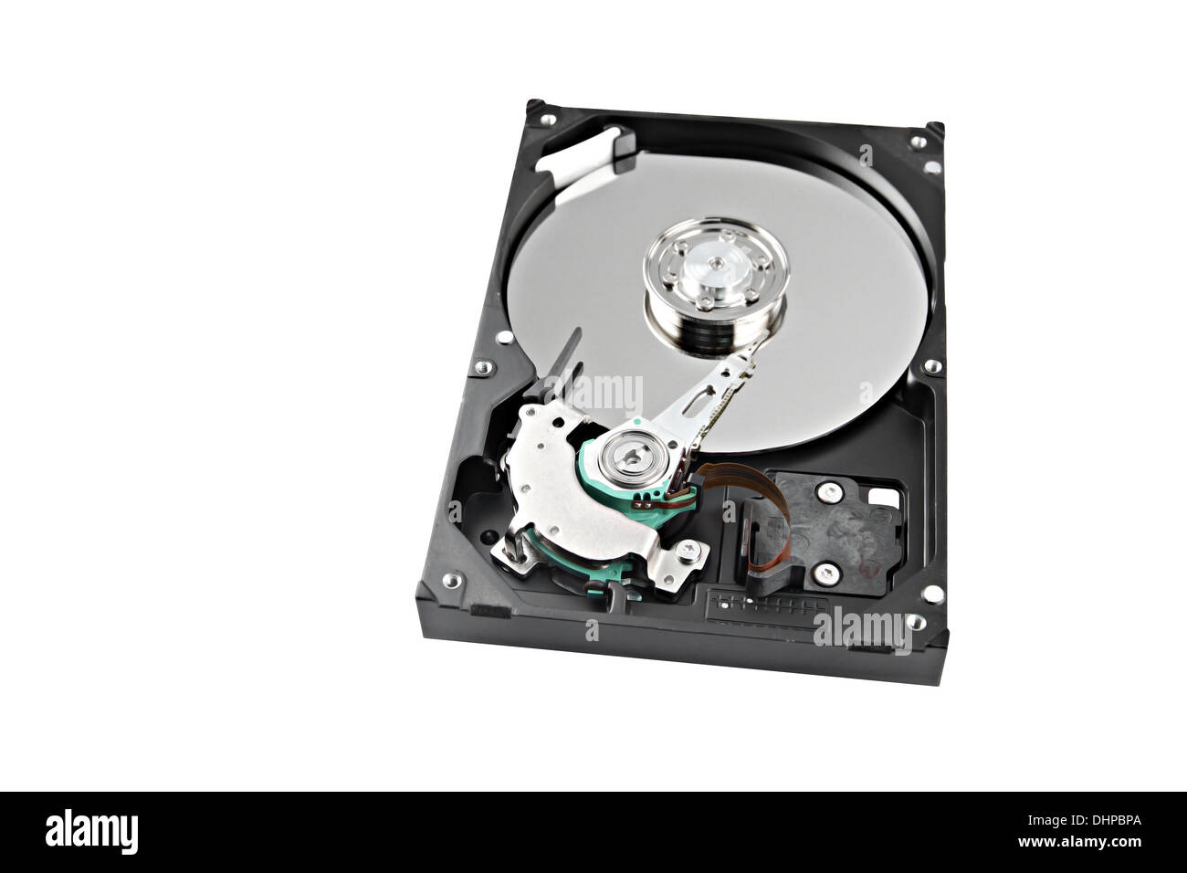 Open to see inside Hard drive to store data on white background. Stock Photo