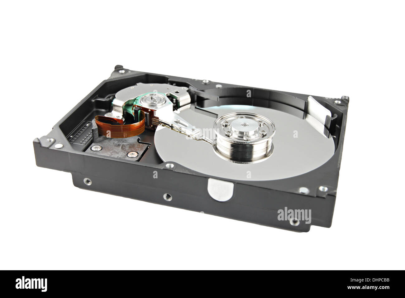 Hard drive to store data place to the left on white background. Stock Photo