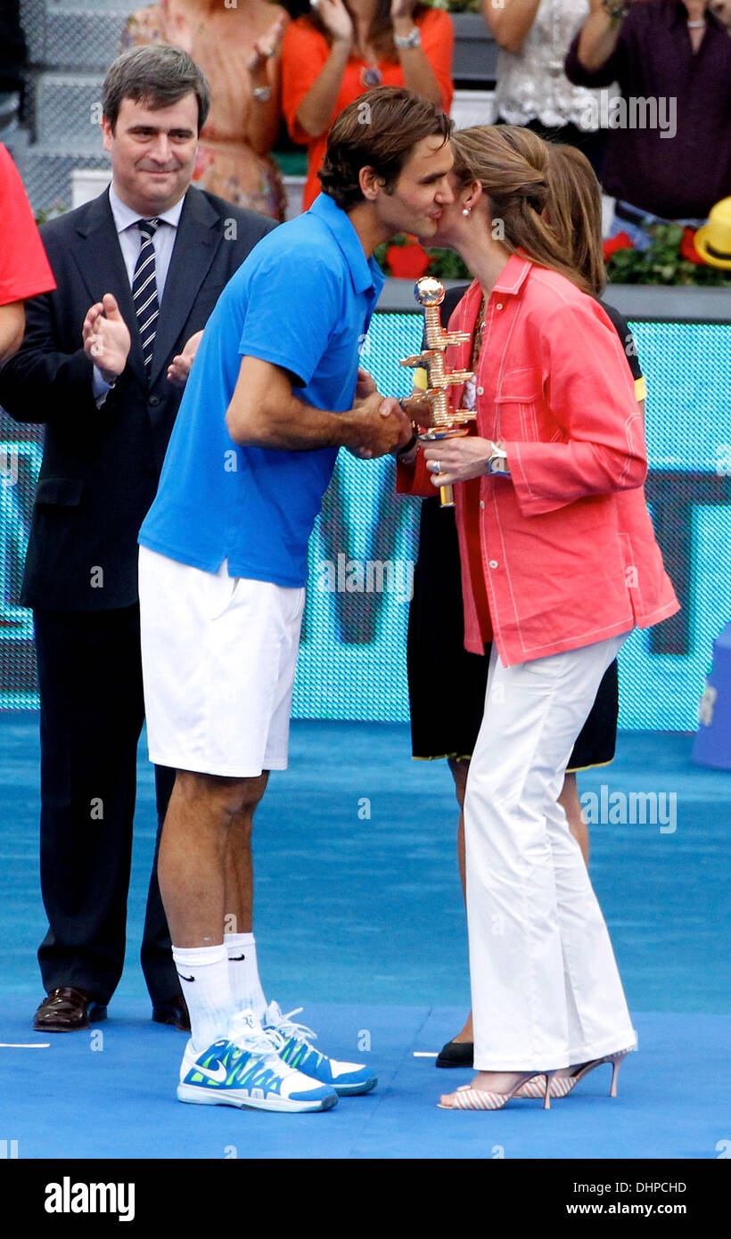 Roger Federer receives his trophy after winning the the final match of the Madrid Masters against Czech Tomas Berdych a at the Magic Box (Caja Magica) sports complex  Madrid, Spain - 13.05.12 Stock Photo