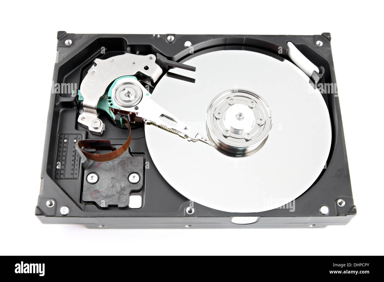 The Hard drive Open the top cover off on white background. Stock Photo