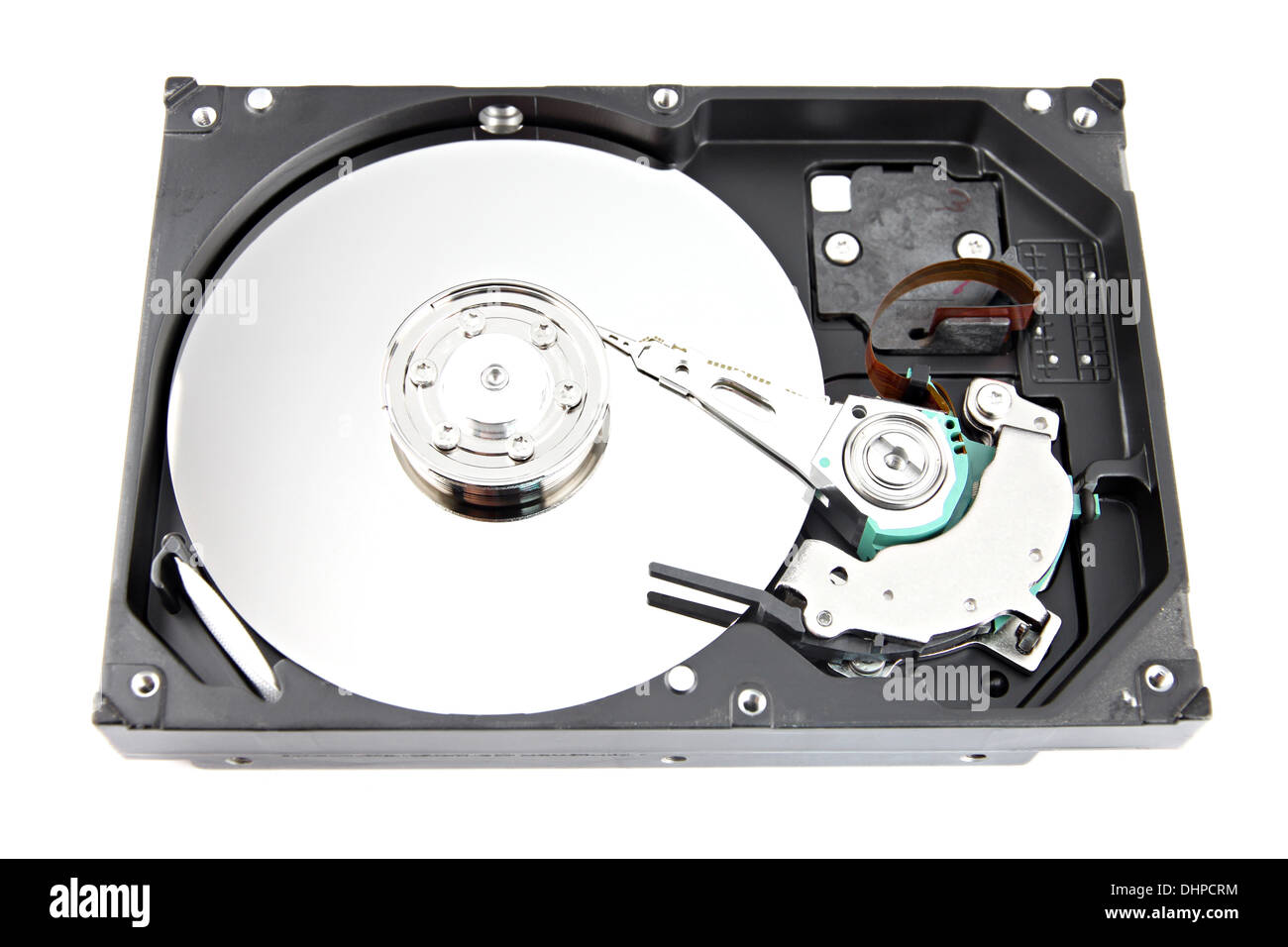 The Hard drive Open the top cover off on white background. Stock Photo