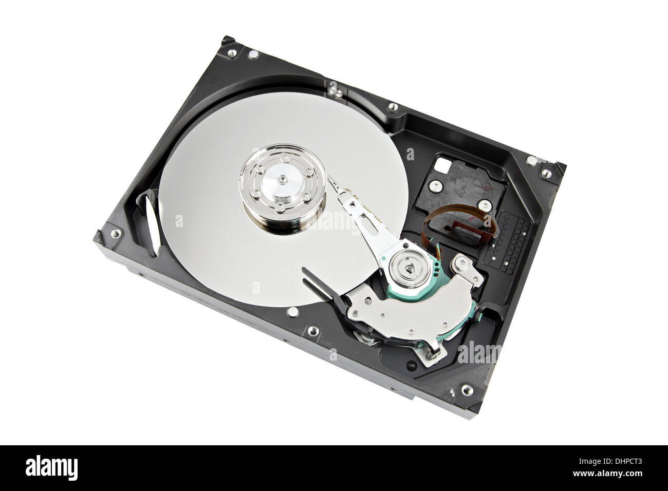 The Hard drive Open the top cover off on white background. Stock Photo