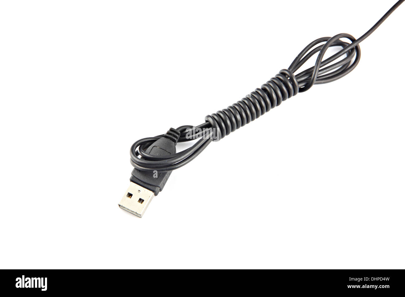 Black cable USB used to connect the computer on white background. Stock Photo
