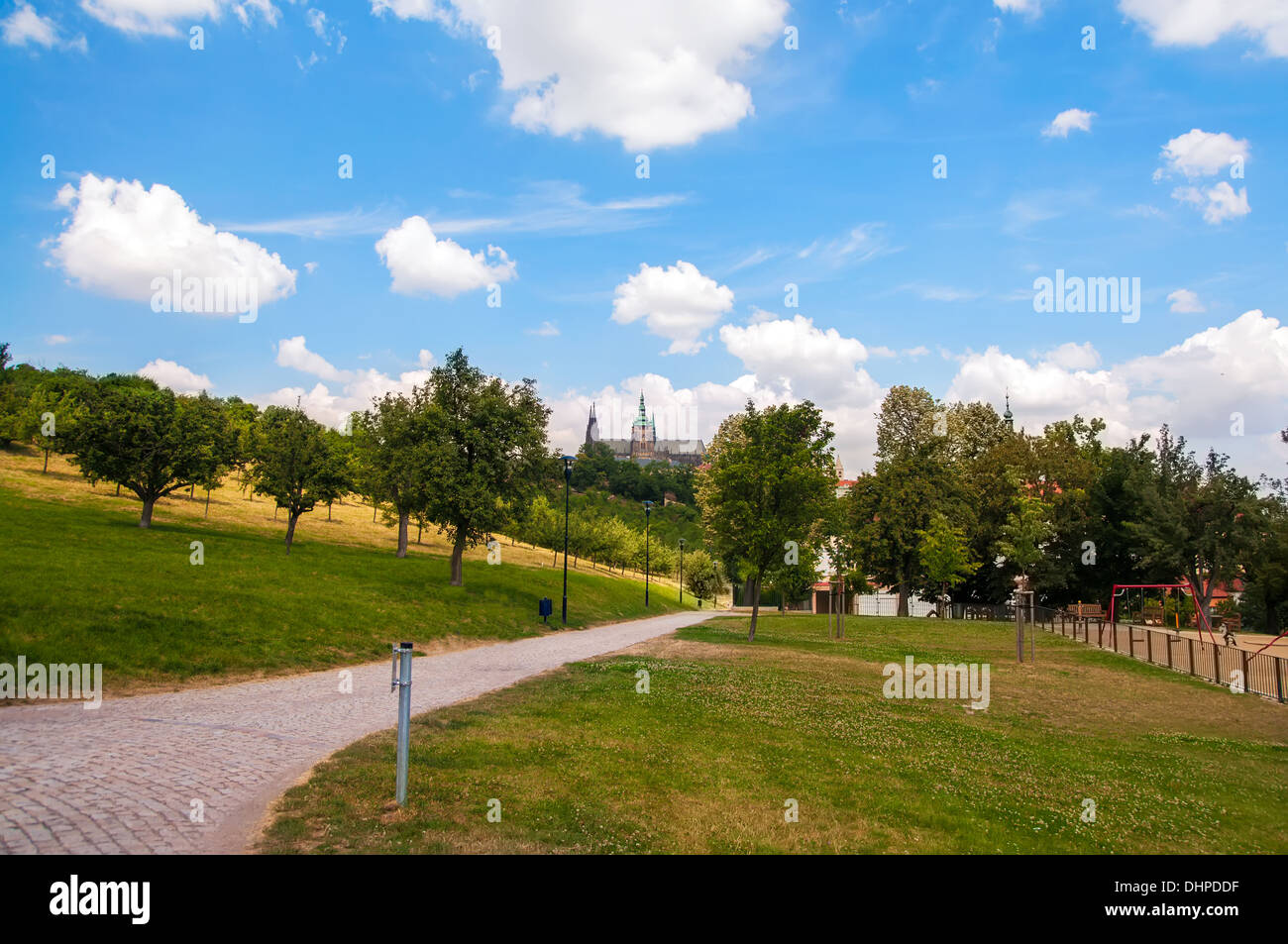 Cobblestoned path in recreation park in Prague, Czech Republic Stock Photo