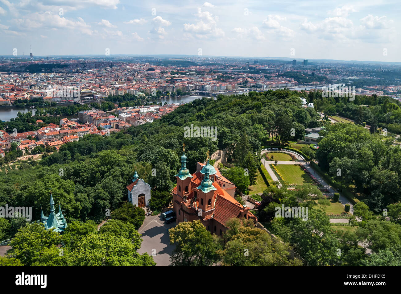 Landscape of Prague city center and church in park, aerial view Stock ...