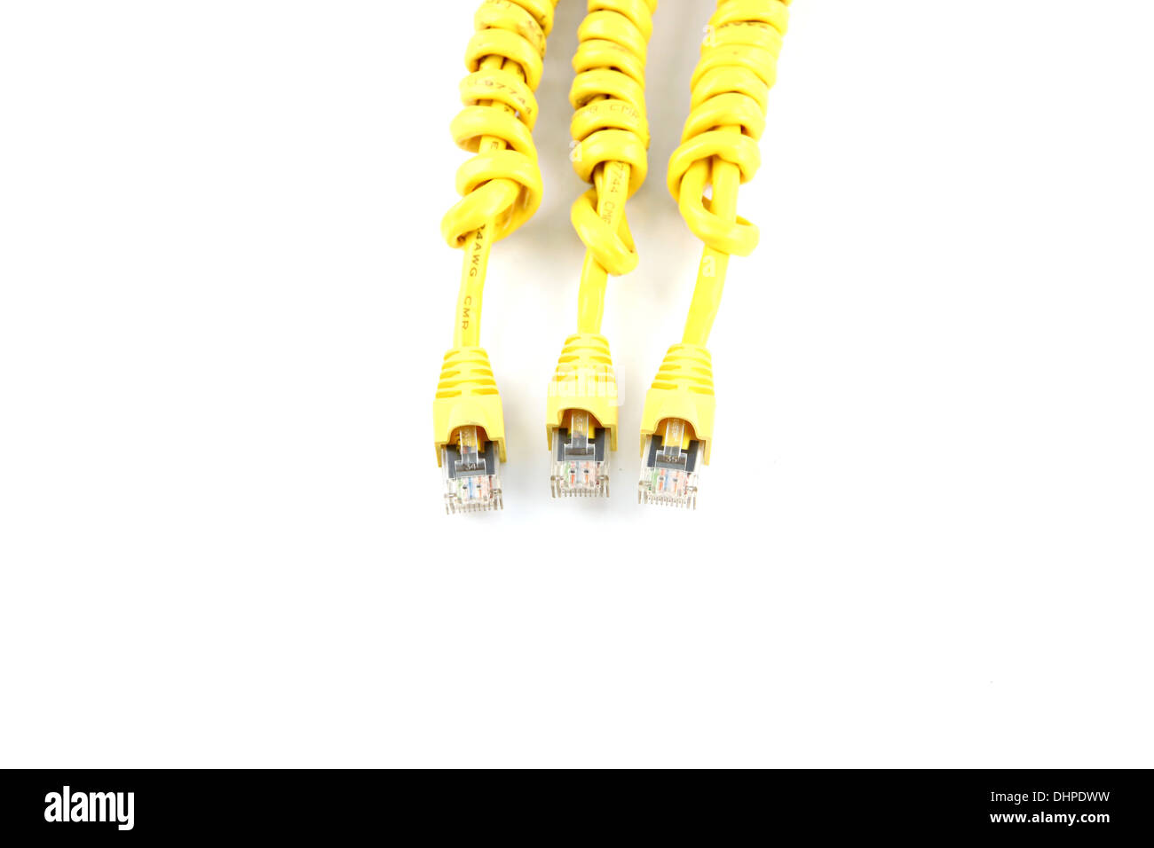 Three Yellow LAN Cables on white background Stock Photo Alamy
