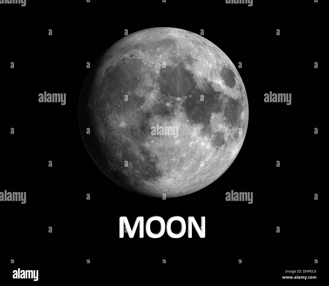 A rendering of our Earth Moon on a clean black background with english